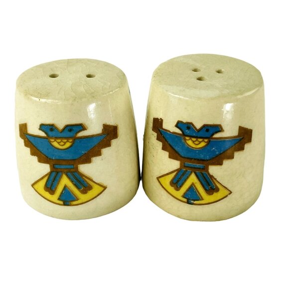 Vintage Set Vintage Aztec Porcelain Salt Pepper Shakers u - Picture 1 of 5
